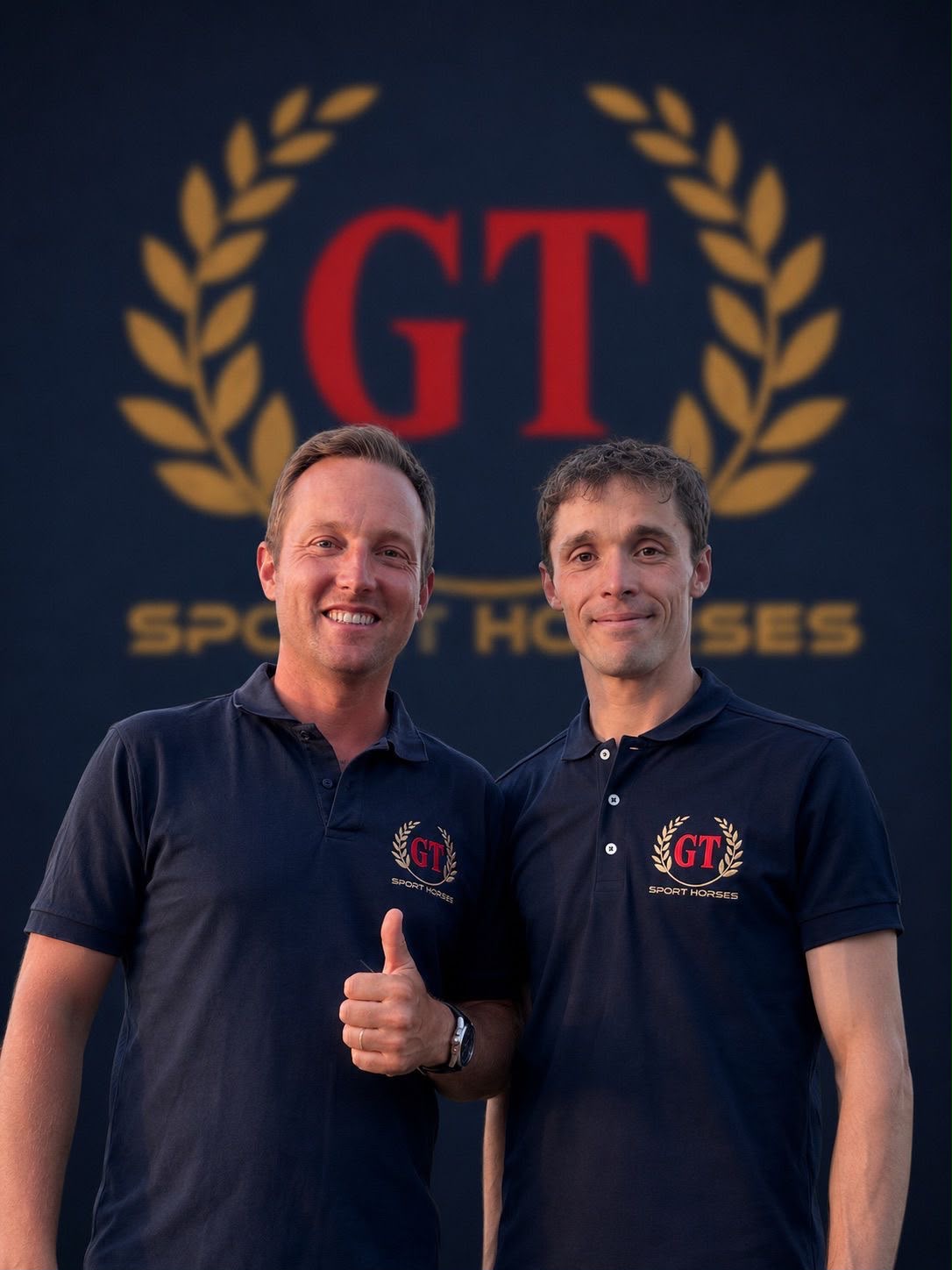 Georges Trulemans et Steven Biaujou devant le logo GT Sport Horses